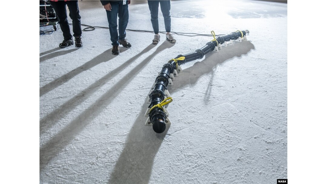 The first EELS prototype awaits testing at the Pasadena Ice Rink in Pasadena, California. (Photo Credit: NASA/JPL-CalTech)
