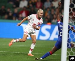 Denmark's Pernille Harder scores a goal that was later disallowed during the Women's World Cup Group D soccer match between Haiti and Denmark in Perth, Australia, on Aug. 1, 2023.