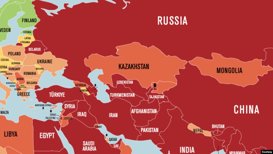 Qanchalik qizil bo'lsa, mamlakatda matbuot shunchalik cheklangan. "Chegara bilmas muxbirlar" tashkilotining 2024-yilgi reytingi.
