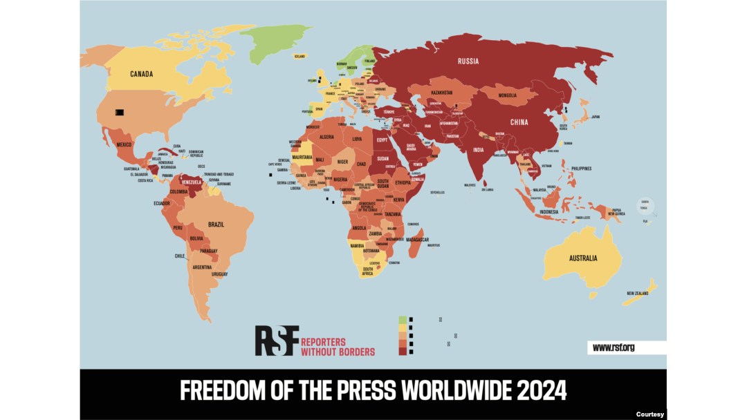 Qanchalik qizil bo'lsa, mamlakatda matbuot shunchalik cheklangan. "Chegara bilmas muxbirlar" tashkilotining 2024-yilgi reytingi.
