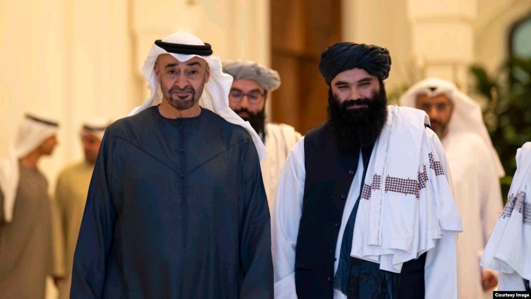 UAE President Sheikh Mohamed bin Zayed Al Nahyan, left, receives Taliban Interior Minister Sirajuddin Haqqani, right, at his place in Abu Dhabi, June 4, 2024. (Courtesy: Haqqani office)