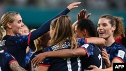 Netherlands' forward #22 Esmee Brugts (2nd R) celebrates with her teammates after scoring her team's third goal during the Women's World Cup Group E football match between Vietnam and the Netherlands at Dunedin Stadium, Aug. 1, 2023. 