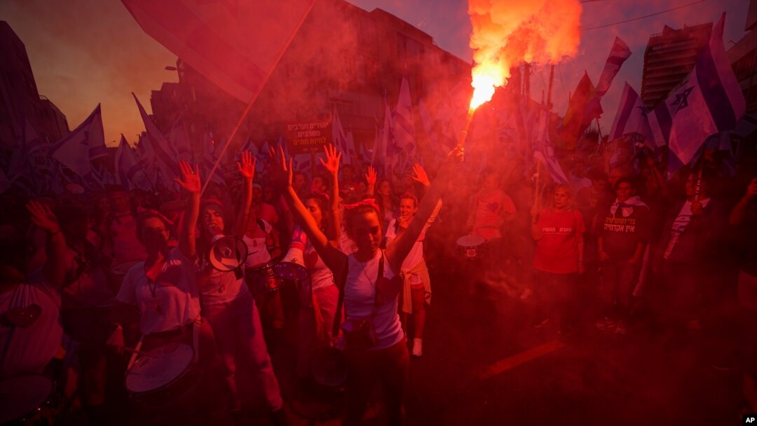 In Tel Aviv, Israel, Israelis protest plans by Prime Minister Benjamin Netanyahu's government to overhaul the judicial system, May 6, 2023