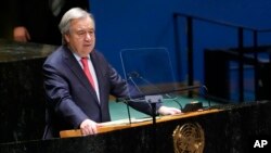 联合国秘书长古铁雷斯在联合国大会关于乌克兰局势的紧急会议上讲话。（2023年2月22日）