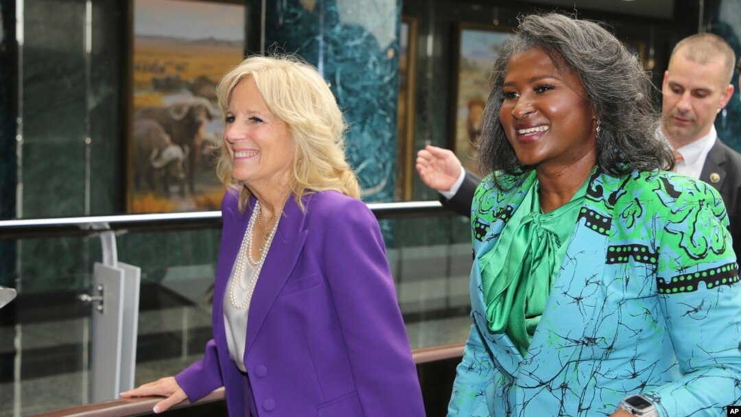 U.S. first lady Jill Biden, left, with Namibian first lady, Monica Geingos at the State House in Windhoek, Namibia, Feb. 22, 2023.