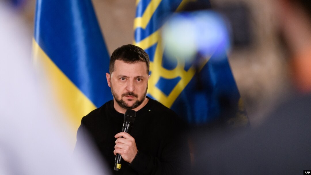 FILE — Ukrainian President Volodymyr Zelenskyy meets with media in Riga, Latvia, Jan. 11, 2024. On Friday, he said he was worried at the prospect of Donald Trump returning to the White House, calling Trump's claim he could stop Russia's war on Ukraine in 24 hours as "dangerous."