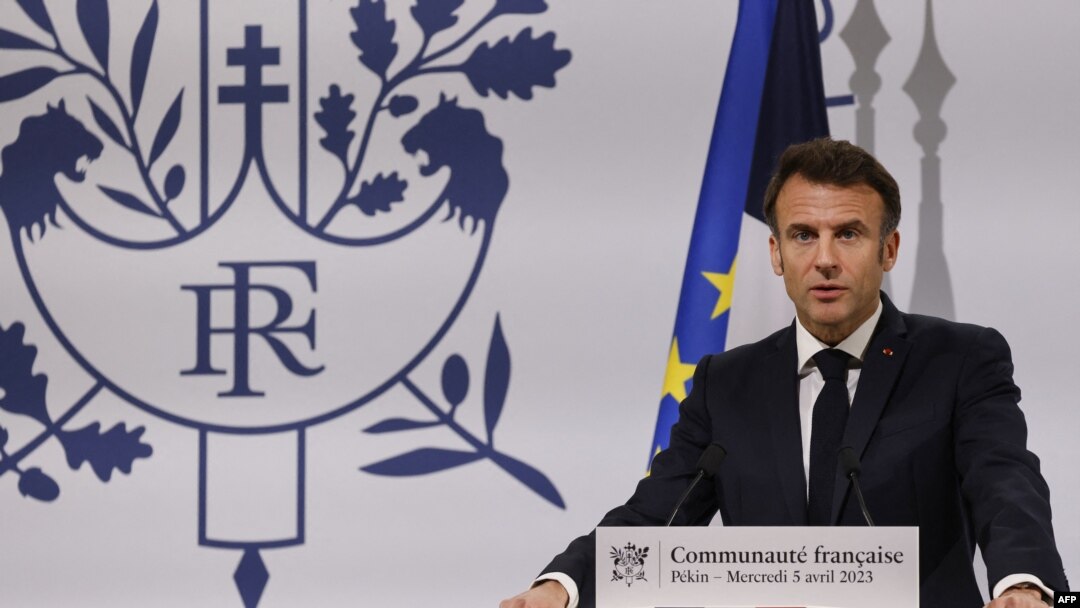 French President Emmanuel Macron speaks during a meeting with China's French community at the residence of France's ambassador in Beijing, Apr. 5, 2023. 