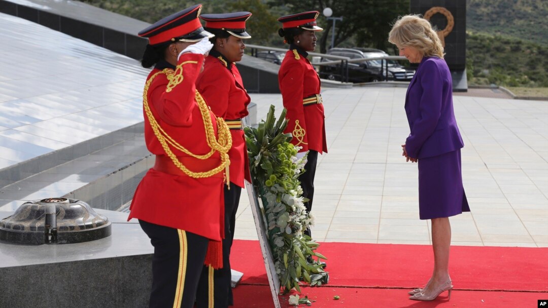 U.S. first lady Jill Biden, right, attends a wreath laying ceremony at Heroes' Acre in Windhoek Namibia, Feb. 22, 2023. Biden is in the country as part of a commitment by President Joe Biden to deepen U.S. engagement with the African continent. 