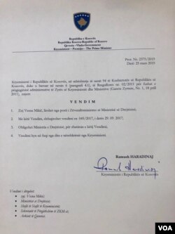 Rešenje o smeni Vesne Mikić, koje je potpisao premijer Ramuš Haradinaj