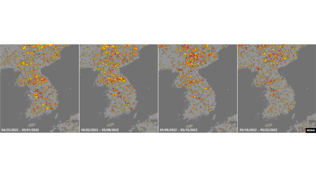 4월과 5월 사이 북한 가뭄지수를 보여주는 미 국립해양대기청(NOAA) 자료. '심각'을 나타내는 검붉은색 점을 북한 곳곳에서 볼 수 있다. 자료=NOAA