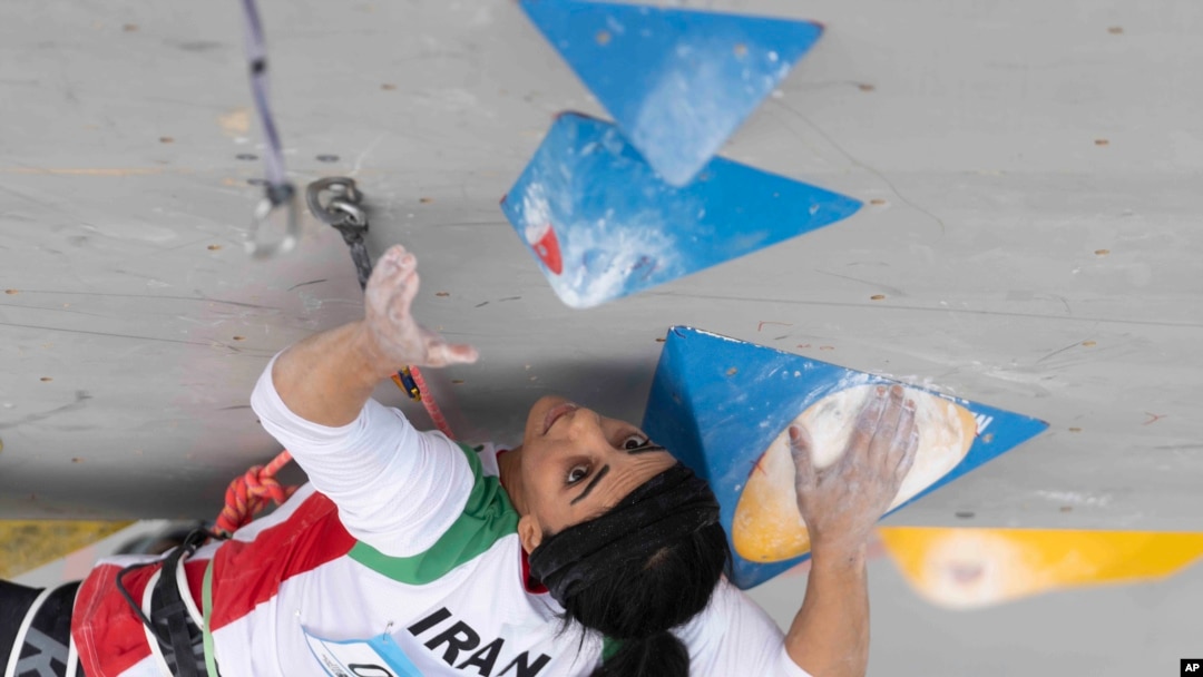 Iranian athlete Elnaz Rekabi competes during the women's Boulder & Lead final during the IFSC Climbing Asian Championships in Seoul, South Korea, Oct. 16, 2022. (Rhea Khang/International Federation of Sport Climbing via AP)