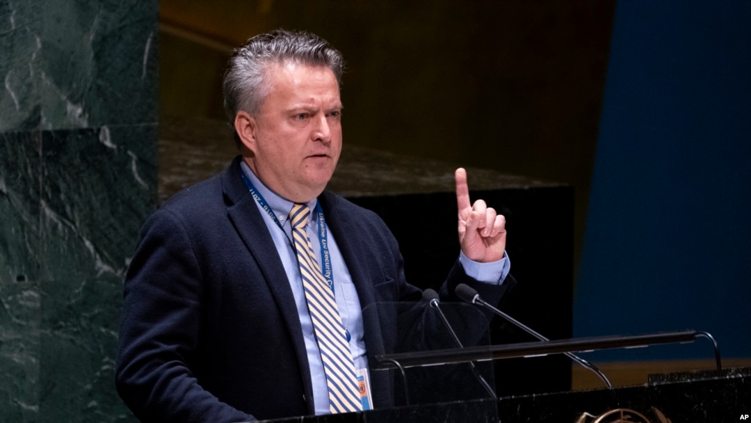 Sergiy Kyslytsya, Reprezantan Pemanan Ikren nan Nasyonzini pale pandan yon rankont Asanble Jeneral LONU an, Jedi 7 Avril 2022. 