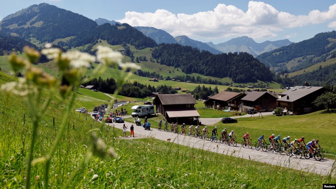 General view of the Tour de France peloton in action during stage 9, Aigle to Chatel les Portes du Soleil, Switzerland, July 10, 2022.