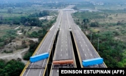 VENEZUELA - Aerial view of the Tienditas Bridge, in the border between Cucuta, Colombia and Tachira, Venezuela, after Venezuelan military forces blocked it with containers on February 6, 2019.