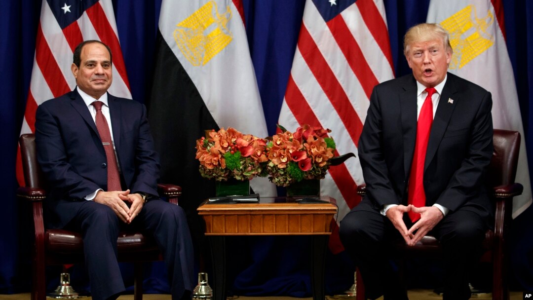 President Donald Trump speaks during a meeting with Egyptian President Abdel-Fattah el-Sissi at the Palace Hotel during the United Nations General Assembly, in New York, Sept. 20, 2017.