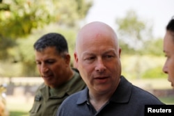 Jason Greenblatt, center, U.S. President Donald Trump's Middle East envoy, visits Kibbutz Nahal Oz, just outside the Gaza Strip, in southern Israel, Aug. 30, 2017.