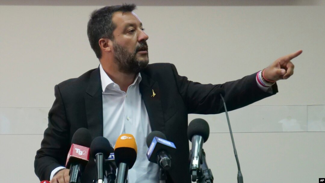 Italian Deputy Prime Minister and Interior Minister Matteo Salvini meets the journalists at the end of a security conference in Castel Volturno, southern Italy, Thursday, Aug. 15, 2019. 