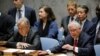 U.S. Secretary of State Rex Tillerson (R) speaks next to U.N. Secretary-General Antonio Guterres during a Security Council meeting on the situation in North Korea at the United Nations (U.N.) in New York, April 28, 2017.
