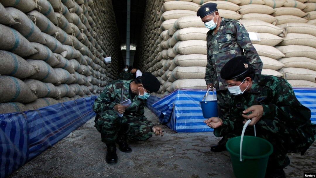 Soldiers check rice stocks at a warehouse in Ayutthaya province, north of Bangkok, Thailand, July 3, 2014. 