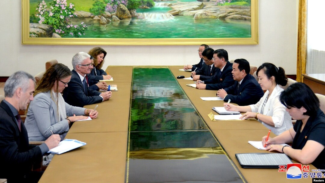 North Korea's Minister of Health Jang Jun Sang meets with the United Nations Under-Secretary-General for Humanitarian Affairs and Emergency Relief Coordinator Mark Lowcork in Pyongyang, North Korea, in this photo released July 11, 2018.