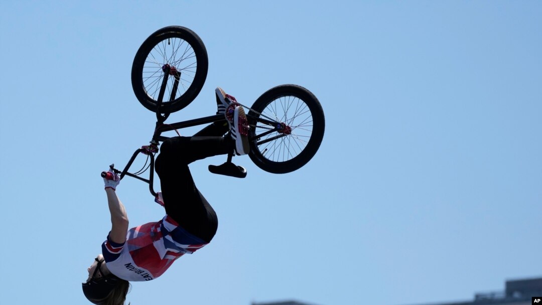 Charlotte Worthington of Britain competes in the women's BMX freestyle final at the 2020 Summer Olympics, Aug. 1, 2021, in Tokyo, Japan. 