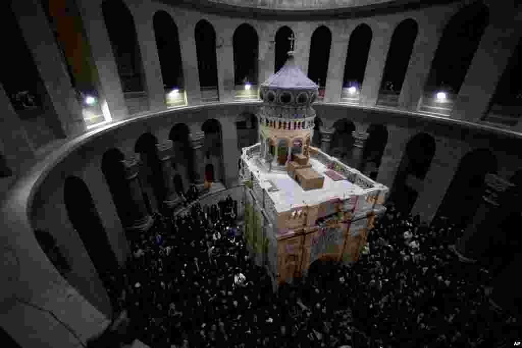 The renovated Edicule is seen during a ceremony in the Church of the Holy Sepulchre, traditionally believed to be the burial site of Jesus Christ, in Jerusalem's Old City.