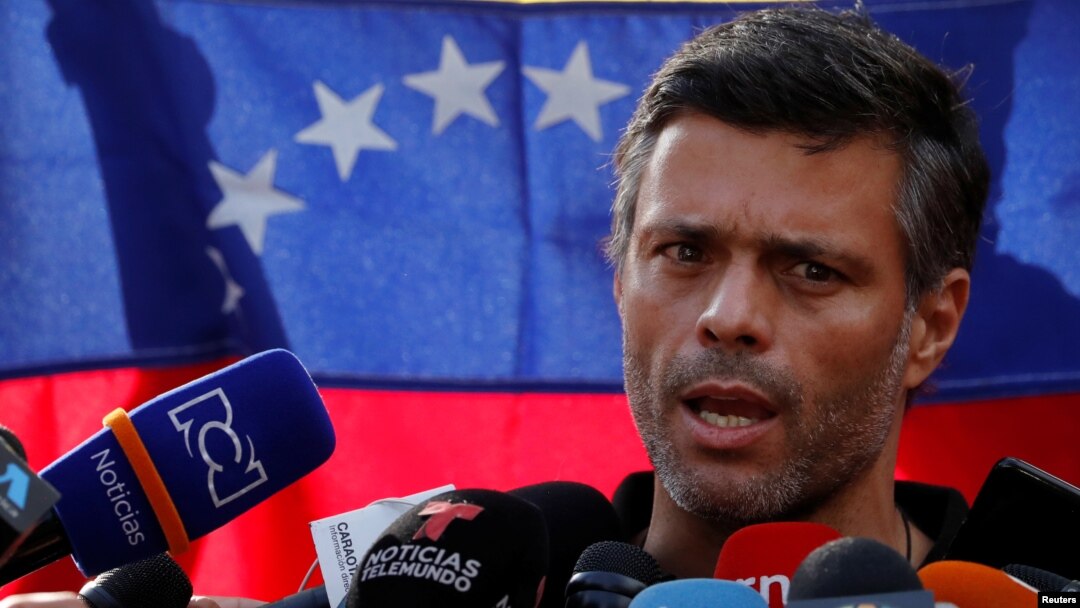 Venezuelan opposition leader Leopoldo Lopez talks to the media at the residence of the Spanish ambassador in Caracas, Venezuela, May 2, 2019.