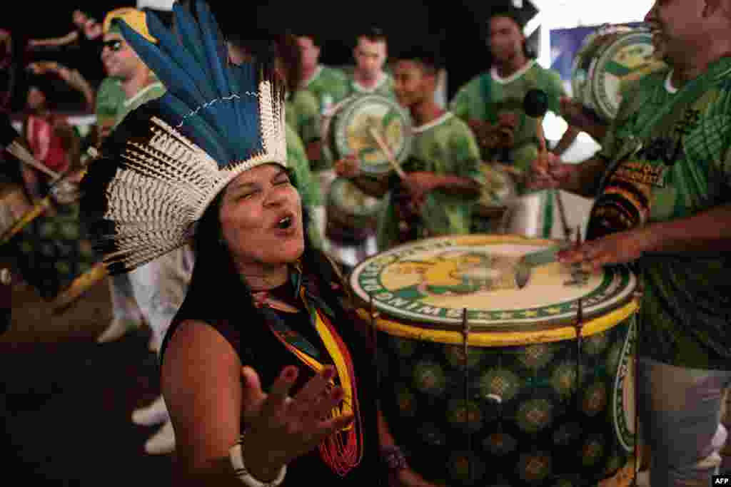 Sonia Guajajara (L), coordinator of the Articulation of the Indigenous Peoples of Brazil (APIB), and other indigenous leaders participate in a press conference given by the Imperatriz Leopoldinense samba school, whose theme this year pays homage to the native people of Brazil's Amazon region, ahead of the carnival parade at Cidade do Samba in Rio de Janeiro, Brazil.