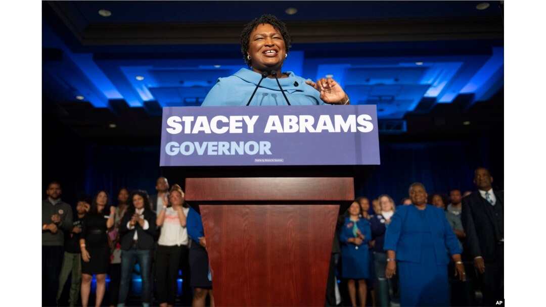 FILE - Georgia Democratic gubernatorial candidate Stacey Abrams speaks to supporters about her expectations of a run-off during an election night watch party, Nov. 6, 2018, in Atlanta.