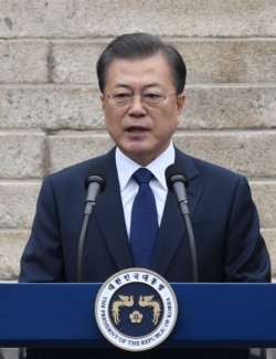 FILE - South Korean President Moon Jae-in speaks during a ceremony to mark the 101th anniversary of the March First Independence Movement Day in Seoul, South Korea, March 1, 2020.