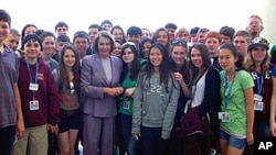 House Speaker Nancy Pelosi greets California students during their trip to Washington, DC.