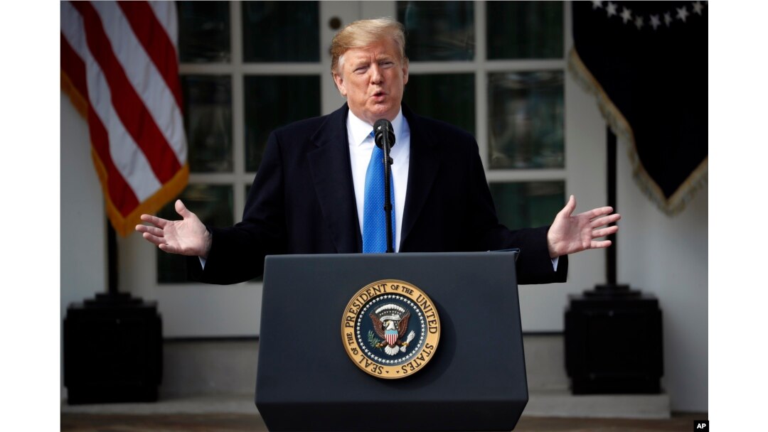 President Donald Trump speaks in the Rose Garden at the White House, Feb. 15, 2019.