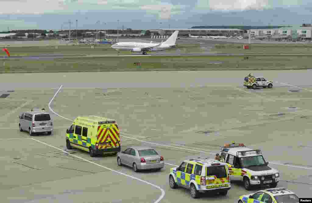 The plane carrying Malala Yousufzai, the Pakistani girl shot in the head by Taliban gunmen, arrives at Birmingham airport, England October, 15, 2012.