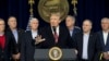 President Donald Trump, center, accompanied by from left, Senate Majority Leader Mitch McConnell of Kentucky, Vice President Mike Pence, House Majority Leader Kevin McCarthy of California, House Majority Whip Steve Scalise, R-La., and Secretary of State Rex Tillerson, speaks after participating in a Congressional Republican Leadership Retreat at Camp David, Md., Jan. 6, 2018.
