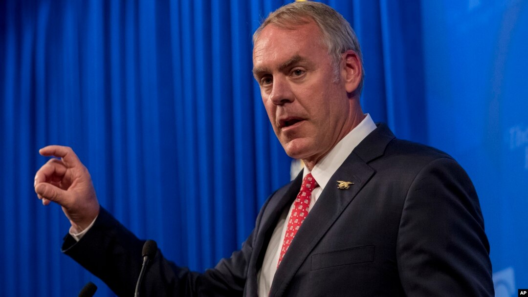 FILE - Interior Secretary Ryan Zinke speaks on the Trump administration's energy policy at the Heritage Foundation in Washington, Sept. 29, 2017.