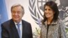 Former South Carolina Governor Nikki Haley poses with U.N. Secretary General Antonio Guterres after presenting him with her credentials as the new U.S. ambassador to the United Nations at U.N. headquarters, Jan. 27, 2017. 