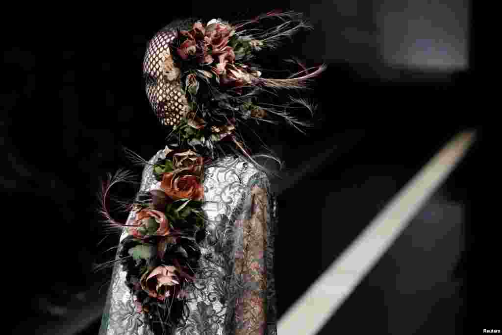A model presents a creation by designers Viviano Sue and Misa Ii from their Autumn/Winter 2017 collection during Tokyo Fashion Week in Tokyo, Japan.