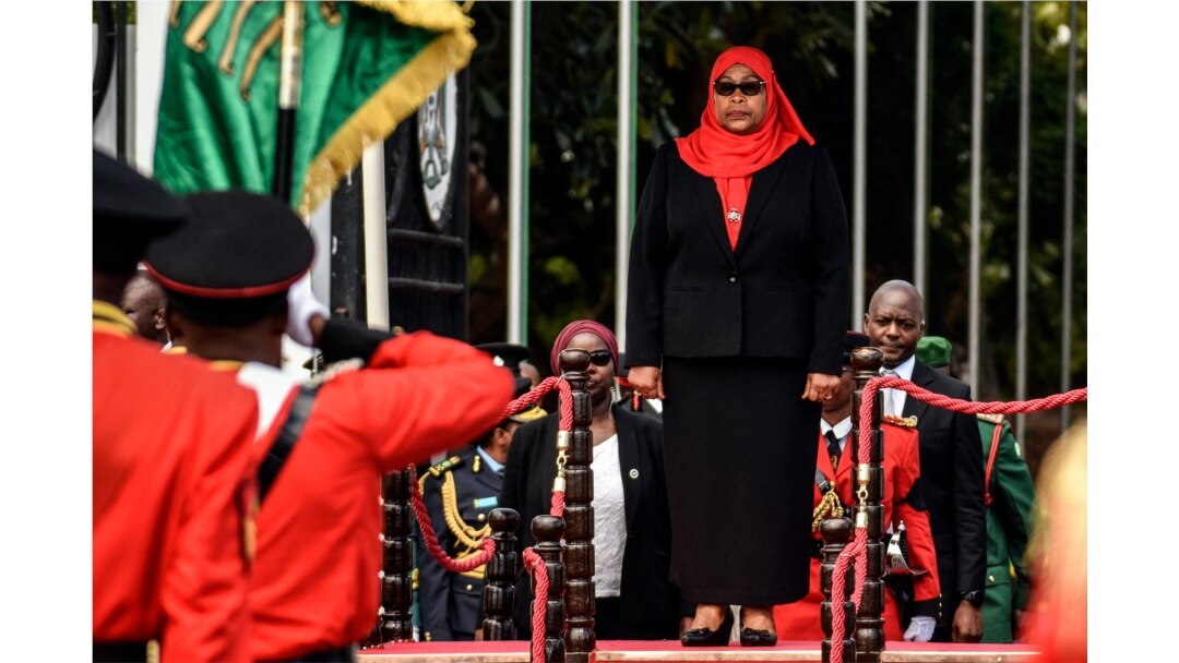 New Tanzanian President Samia Suluhu Hassan inspects a military parade following her swearing in the country's first female President after the sudden death of President John Magufuli at statehouse in Dar es Salaam, Tanzania on March 19, 2021.
