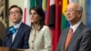 U.S. Ambassador to the United Nations Nikki Haley, Japanese Ambassador Koro Bessho, right, and Korean Ambassador Cho Tae-yul speak to reporters before a Security Council meeting on the situation in North Korea at United Nations headquarters, May 16, 2017.