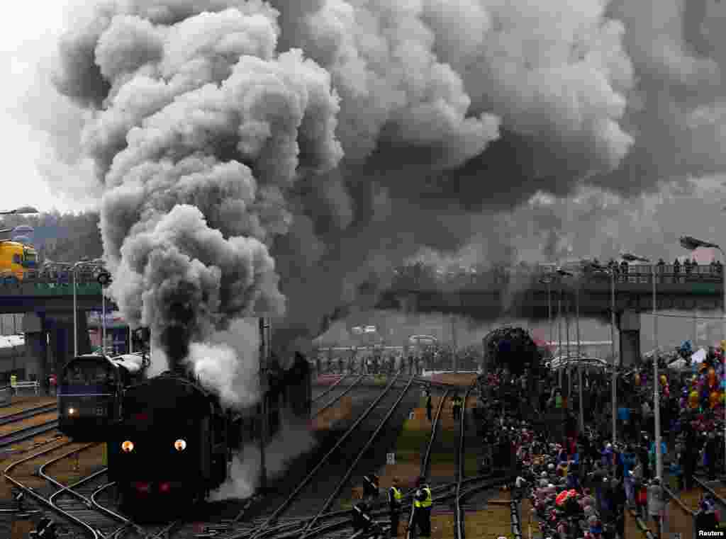 Steam engines ride during the 24th Steam Engine Parade in Wolsztyn, Poland, April 29, 2017.