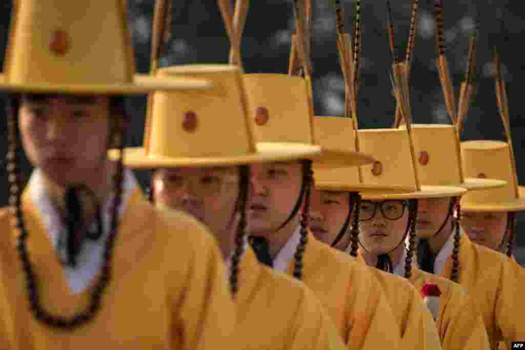 A South Korean honor guard stands in formation prior to the arrival of U.S. Defense Secretary James Mattis at the Defense Ministry in Seoul. Mattis was in the South Korean capital before going on to Tokyo, on the first overseas tour by a senior Trump administration official.