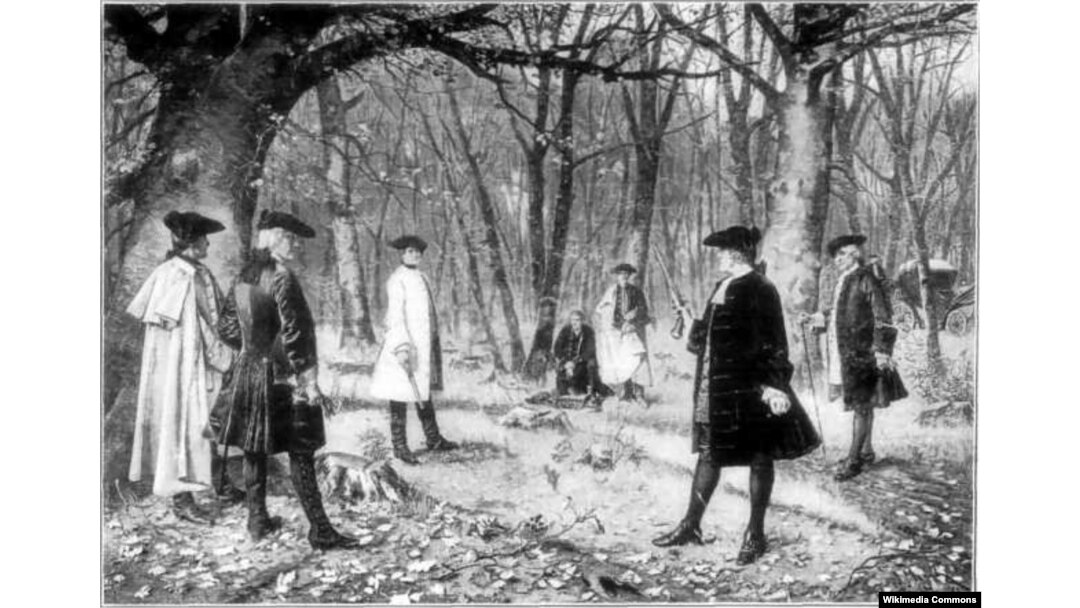 Aaron Burr and Alexander Hamilton face off in a duel of honor. By Illustrator not identified. From a painting by J. Mund. (Public domain)
