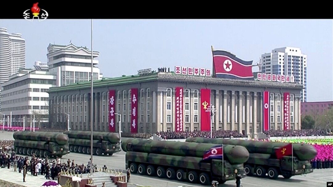 In this image made from video provided by North Korean broadcaster KRT, missiles are displayed during a parade at Kim Il Sung Square in Pyongyang, April 15, 2017.