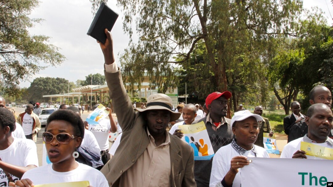 Members of various Christian groups march during a protest against homosexuality and same-sex unions in Nairobi, Kenya, July 6, 2015.