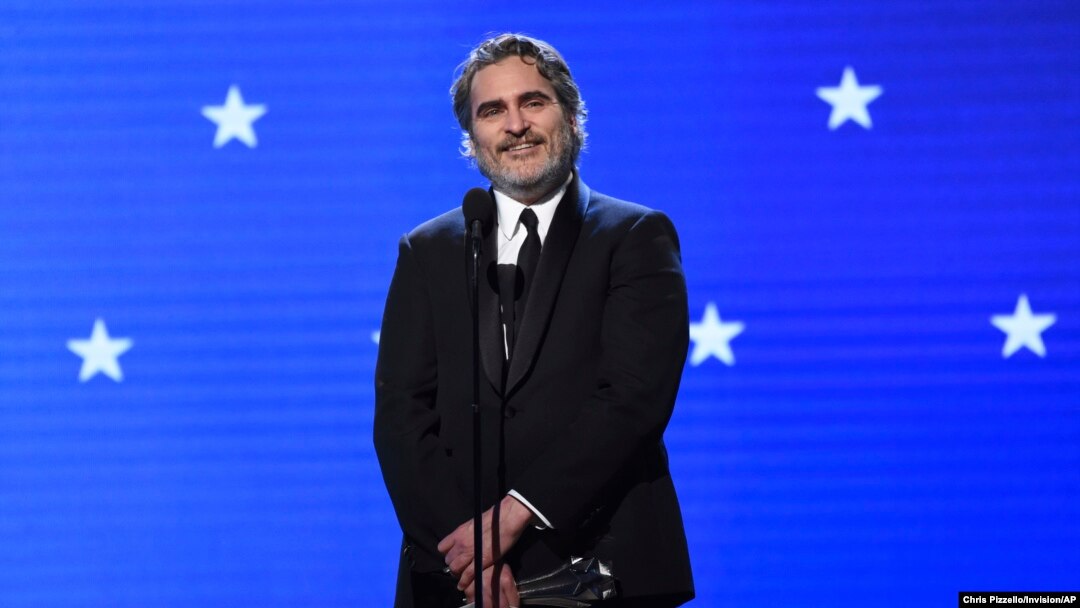 Joaquin Phoenix accepts the award for best actor for "Joker" at the 25th annual Critics' Choice Awards, Jan. 12, 2020, at the Barker Hangar in Santa Monica, California.