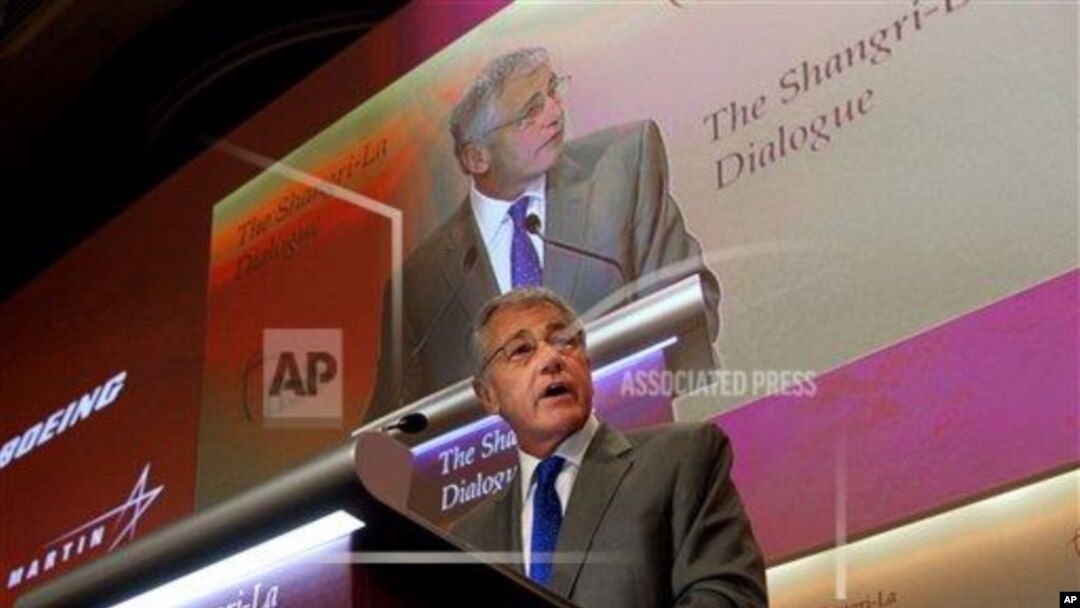 U.S. Defense Secretary Chuck Hagel delivers his keynote address on "The US Approach to Regional Security" at the International Institute for Strategic Studies Shangri-la Dialogue, or IISS Asia Security Summit in Singapore, Saturday, June 1, 2013. (AP Phot