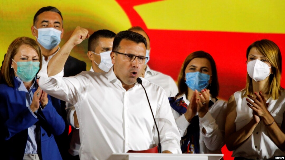 North Macedonian former prime minister and leader of the ruling SDSM party Zoran Zaev celebrates his victory in a parliamentary election, after planned snap elections in April had to be postponed due to the coronavirus.