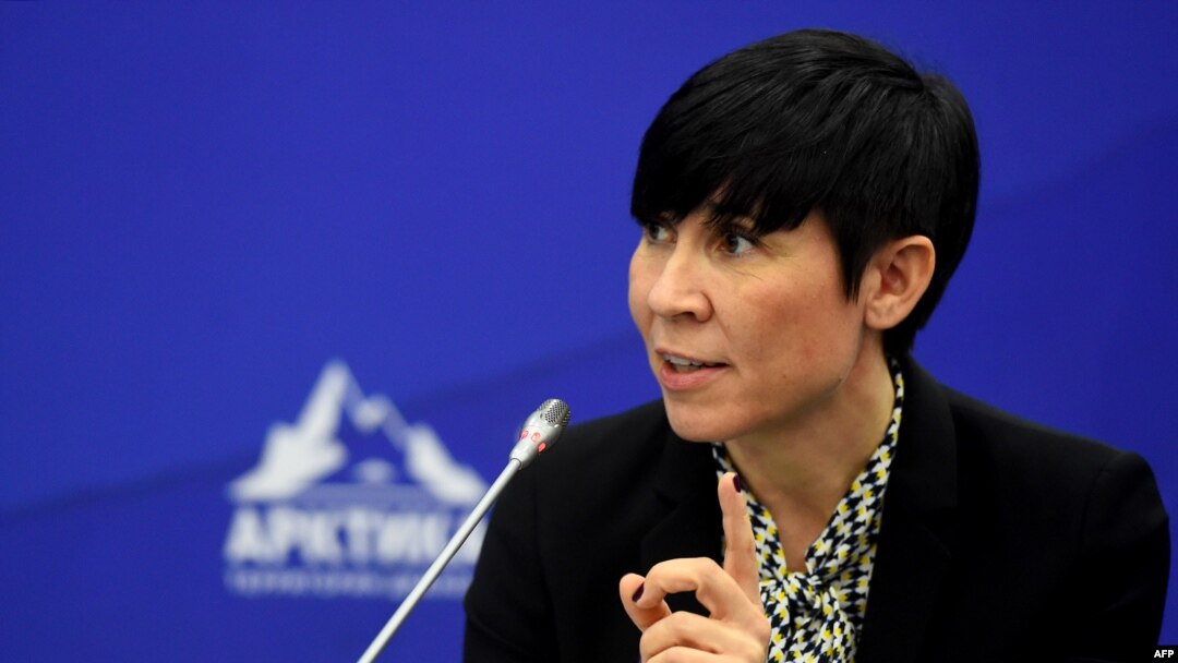 FILE - Norway's Foreign Minister Ine Marie Eriksen Soreide speaks at the International Arctic Forum in St. Petersburg, April 9, 2019.