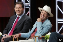 FILE - Mark Halperin and Mark McKinnon, executive producers and hosts of "The Circus," speak at the Showtime 2016 Summer TCA Press Tour at The Beverly Hilton Hotel in Los Angeles, Aug. 11, 2016.