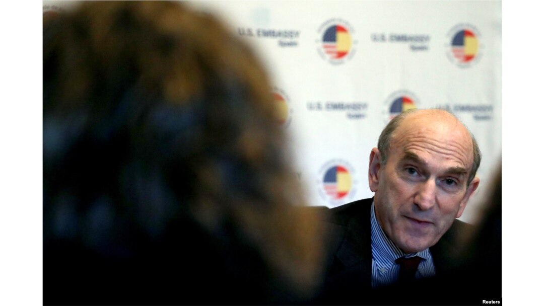 U.S. Venezuela envoy Elliott Abrams speaks during a news conference at U.S. Embassy in Madrid, Spain, April 11, 2019.